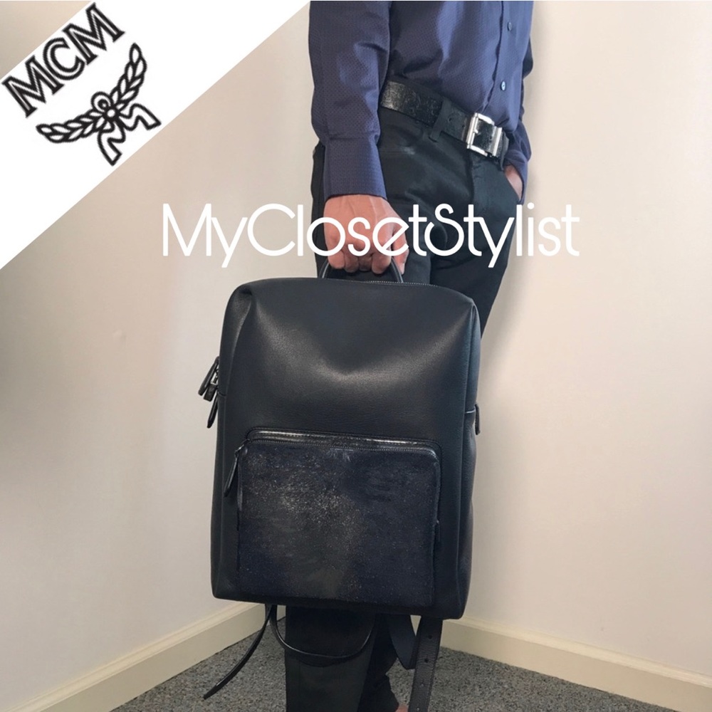 Men’s MCM NEW Leather Fur GQ Backpack Bag RARE Laptop CEO key lock large 14” - Picture 1 of 8